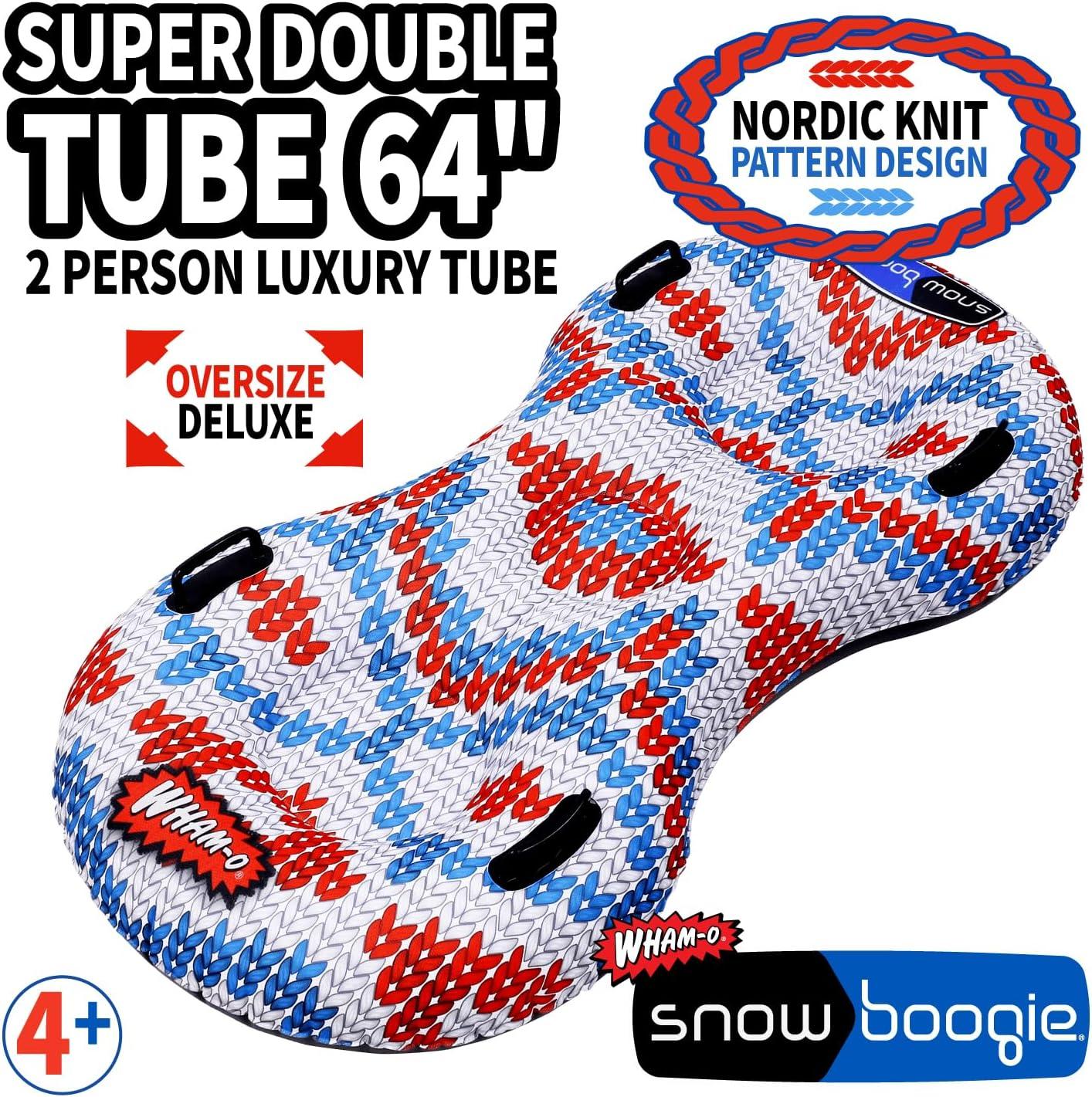 imageSnowboogie Super Double SnowTube 64quot Double Rider Snow Sleds Inflatable Sled with Soft Handles Slick Bottom for Speed ampamp Control Snow Sledding for Adults ampamp Children Nordic knit pattern design
