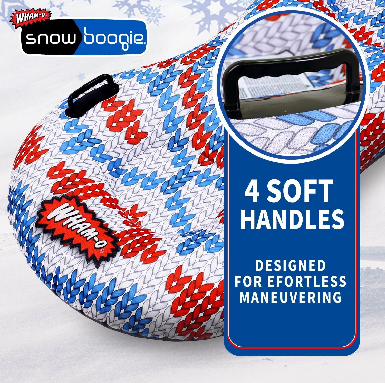imageSnowboogie Super Double SnowTube 64quot Double Rider Snow Sleds Inflatable Sled with Soft Handles Slick Bottom for Speed ampamp Control Snow Sledding for Adults ampamp Children Nordic knit pattern design