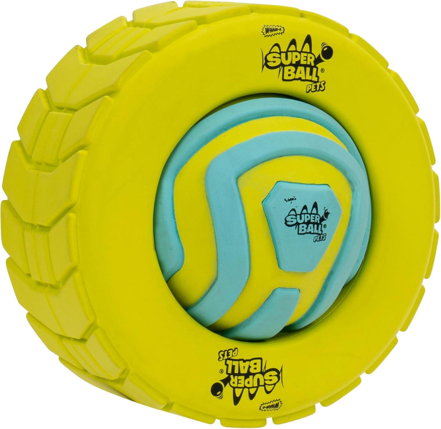 imageWhamO Pets Superball 3in1 Tire Ball Treat Puzzle 4Inch TireShaped Treat Puzzle with Removable 25Inch Groovy Grip Superball