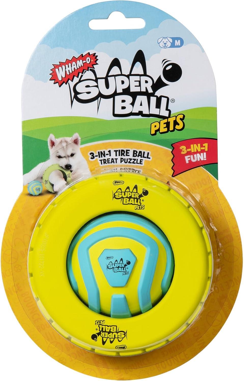 imageWhamO Pets Superball 3in1 Tire Ball Treat Puzzle 4Inch TireShaped Treat Puzzle with Removable 25Inch Groovy Grip Superball