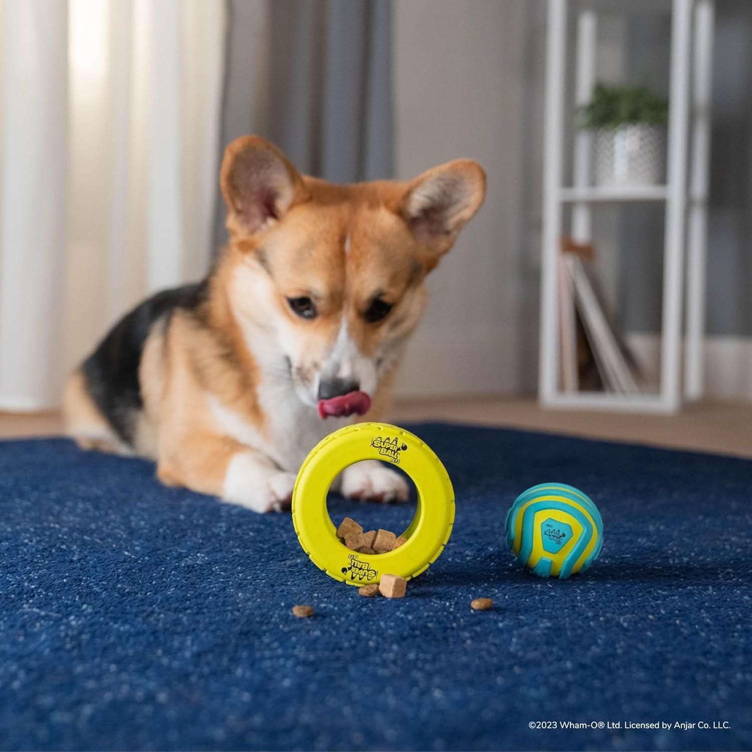 imageWhamO Pets Superball 3in1 Tire Ball Treat Puzzle 4Inch TireShaped Treat Puzzle with Removable 25Inch Groovy Grip Superball