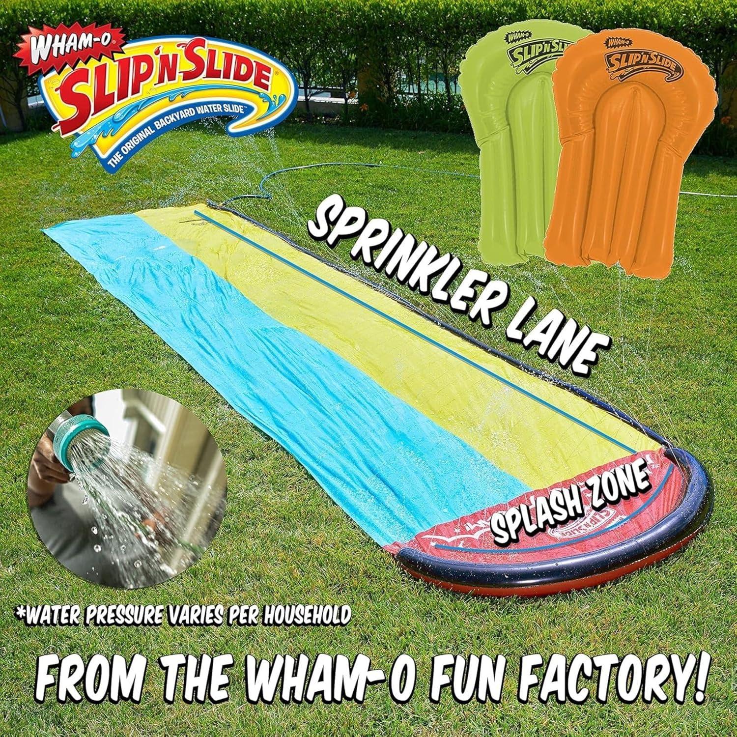 imageWhamO Slip N Slide 16ft Double Lawn Water Slides with Sprinkler Lane ampamp 2 Inflatable Boards Super Slip Slides for Summer Backyard Outdoor Water Activities