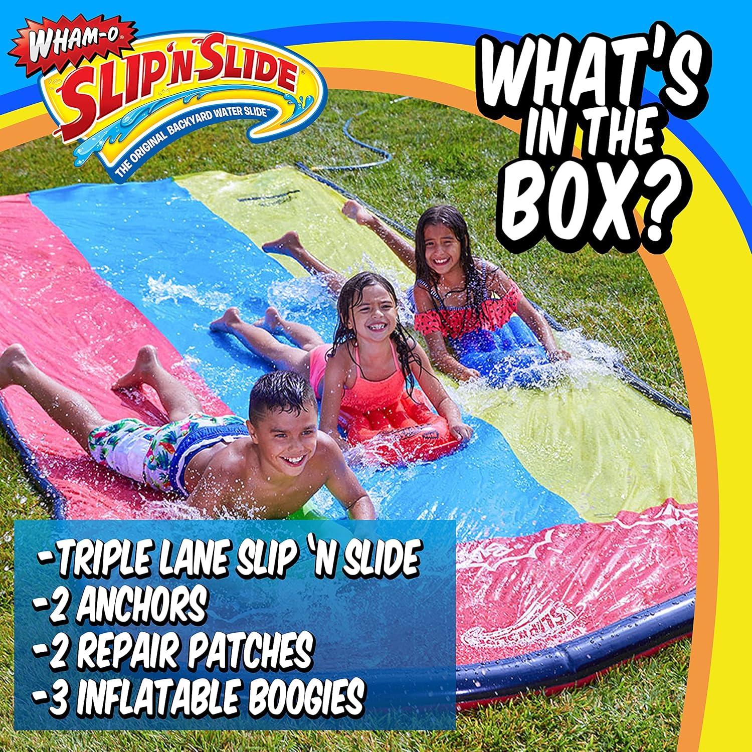 imageWhamO Slip N Slide Triple Slip and Slide with 3 Bodyboards Premium Lawn Water Slide Super Slip Backyard Waterslides Outdoor Water Toys for Kids