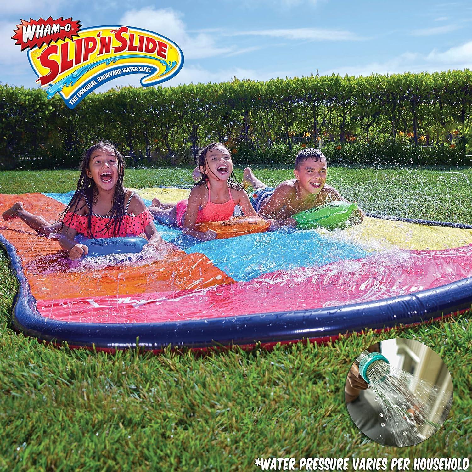 imageWhamO Slip N Slide Triple Slip and Slide with 3 Bodyboards Premium Lawn Water Slide Super Slip Backyard Waterslides Outdoor Water Toys for Kids