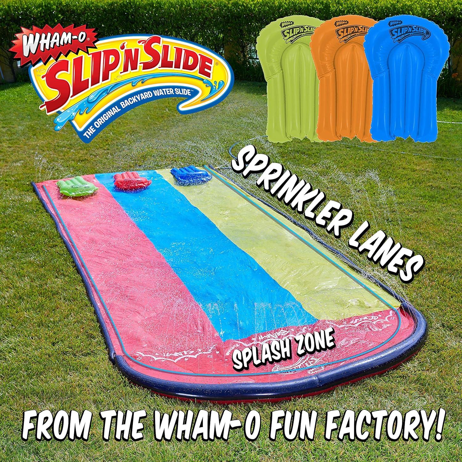 imageWhamO Slip N Slide Triple Slip and Slide with 3 Bodyboards Premium Lawn Water Slide Super Slip Backyard Waterslides Outdoor Water Toys for Kids