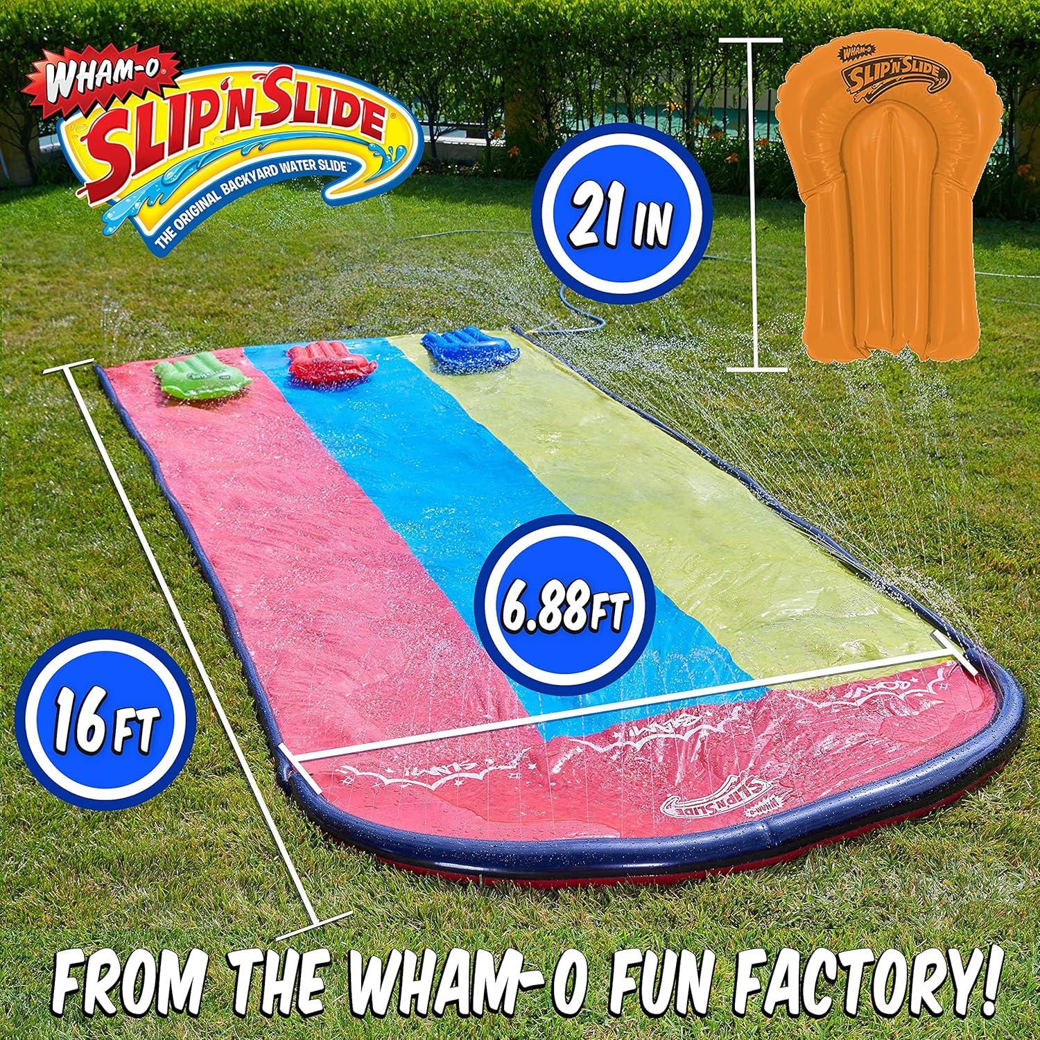 imageWhamO Slip N Slide Triple Slip and Slide with 3 Bodyboards Premium Lawn Water Slide Super Slip Backyard Waterslides Outdoor Water Toys for Kids