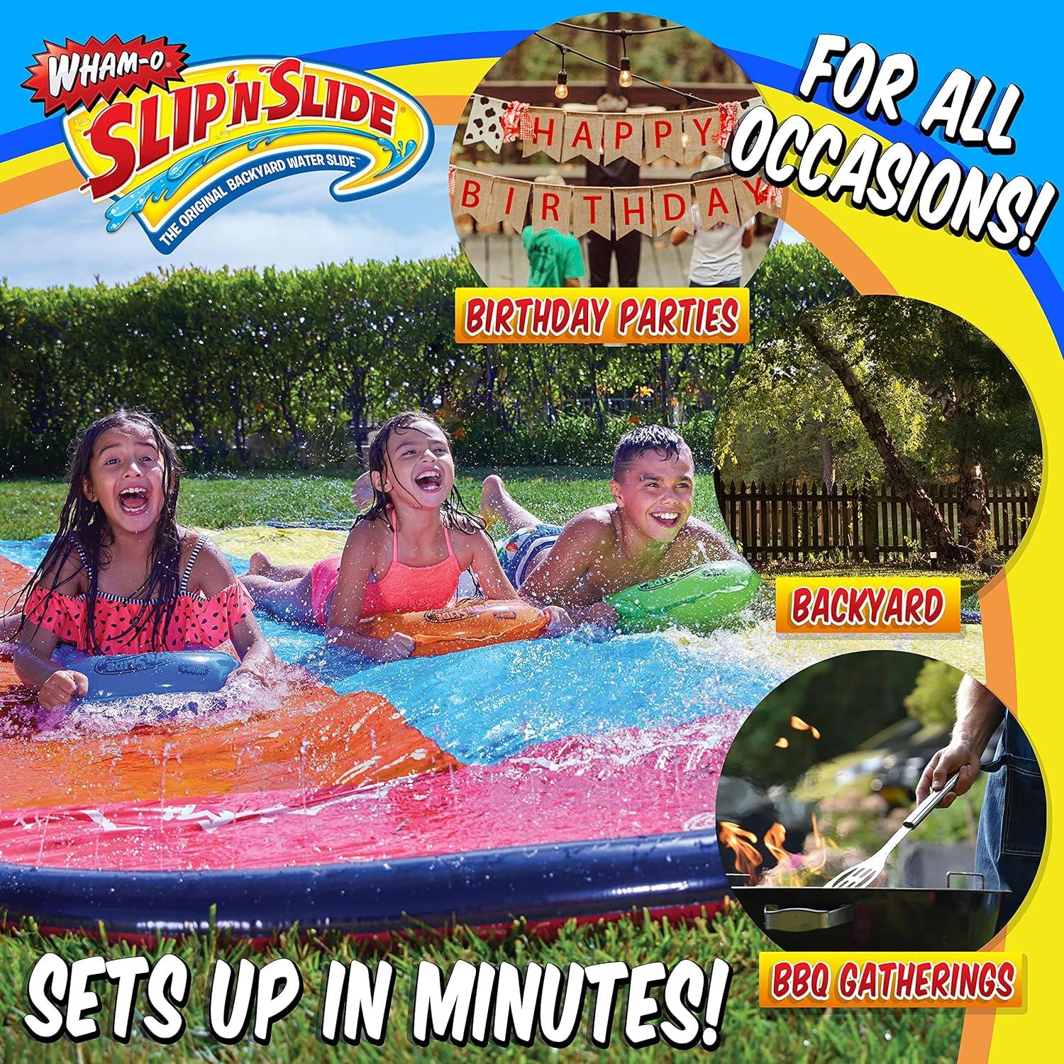 imageWhamO Slip N Slide Triple Slip and Slide with 3 Bodyboards Premium Lawn Water Slide Super Slip Backyard Waterslides Outdoor Water Toys for Kids