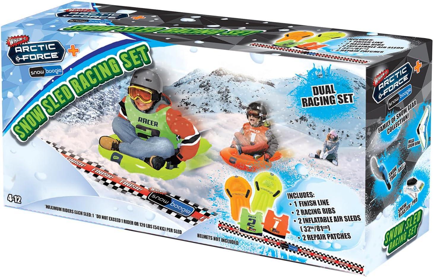 imageWhamO Snowboogie 30 Inch Snow Sleds Racing Set Inflatable Winter Snow Tudes Riding Race Kit with 2 Racing Bibs for Fun Winter Outdoor Activities