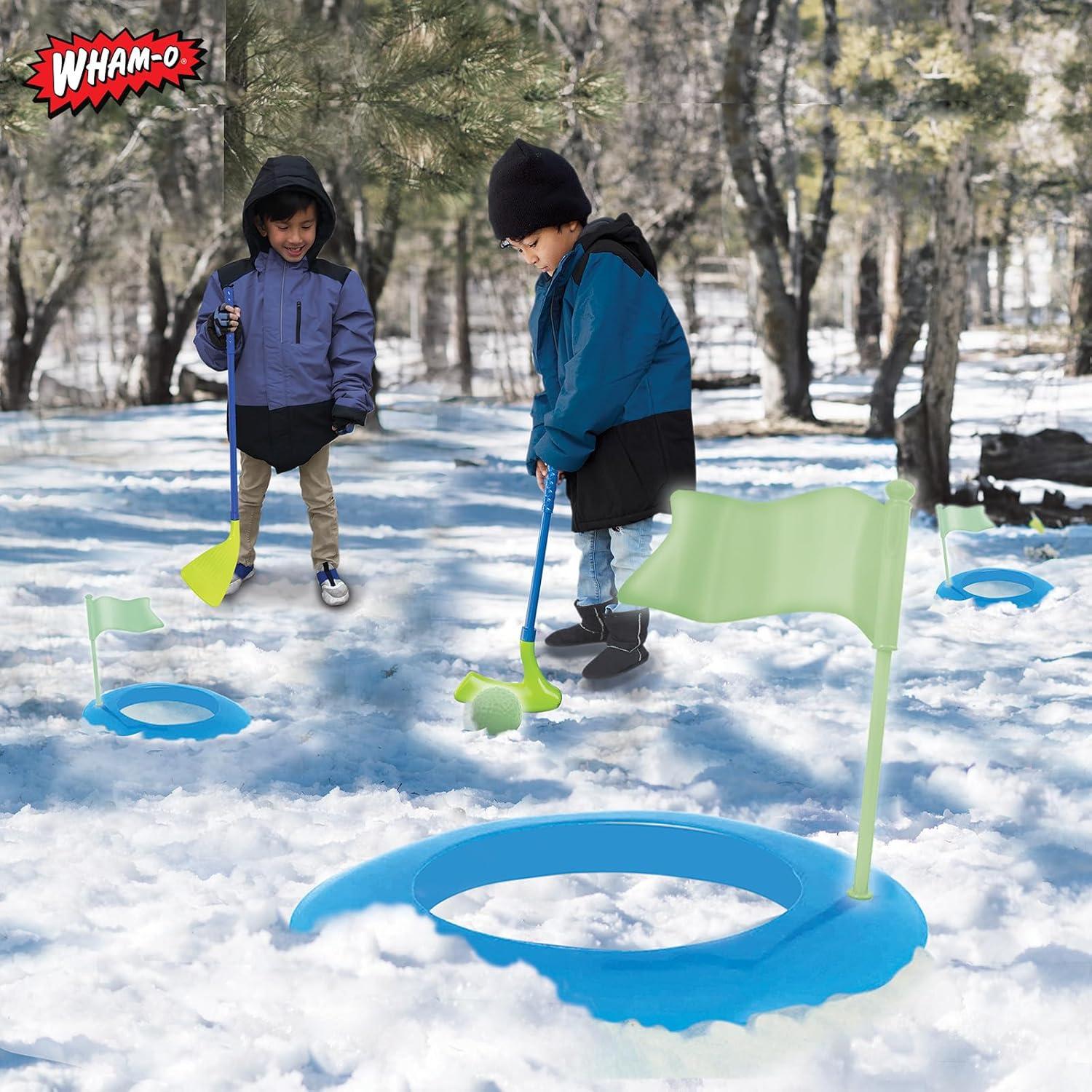 imageWhamO Winter Outdoor Snow Golf Game Set for Kids and Adults Backyard Golf Set for Fun Winter Activity Includes 2 Golf Balls 2 Golf Clubs and 3 Targets with Flags
