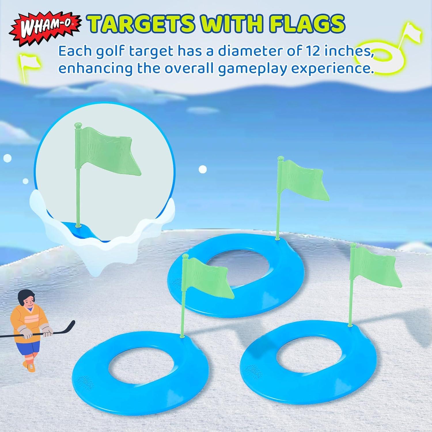 imageWhamO Winter Outdoor Snow Golf Game Set for Kids and Adults Backyard Golf Set for Fun Winter Activity Includes 2 Golf Balls 2 Golf Clubs and 3 Targets with Flags