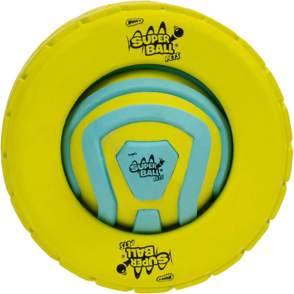 imageWhamO Pets Superball 3in1 Tire Ball Treat Puzzle 4Inch TireShaped Treat Puzzle with Removable 25Inch Groovy Grip Superball