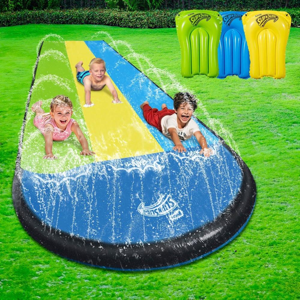 imageWhamO Slip N Slide 18ft Single Wave Rider with Body Boards Lawn Water Slides for Kids and Adults Great for Summer Water Parties Backyard Outdoor Activities18ftTriple Slides