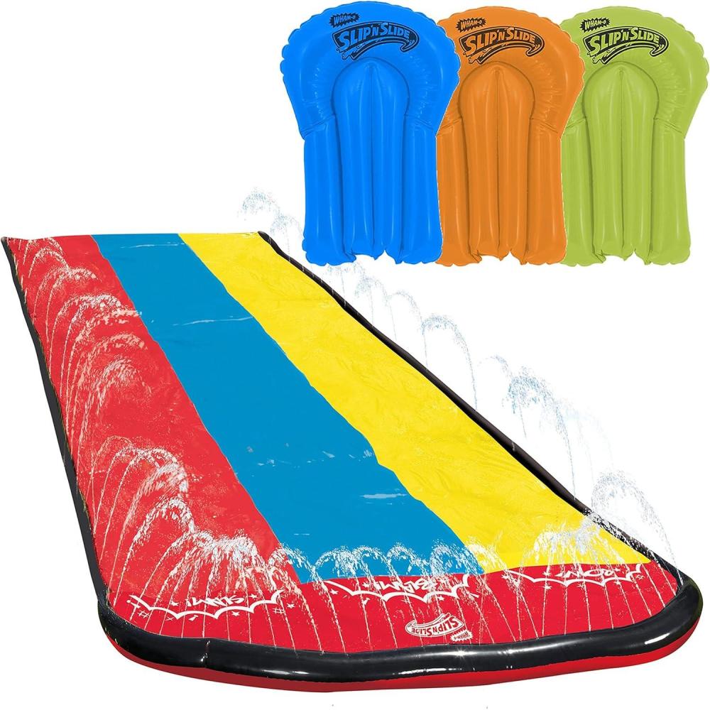 imageWhamO Slip N Slide Triple Slip and Slide with 3 Bodyboards Premium Lawn Water Slide Super Slip Backyard Waterslides Outdoor Water Toys for Kids