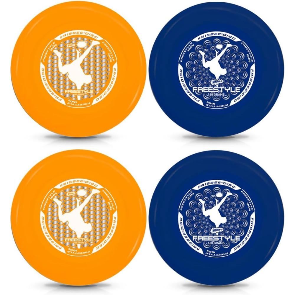 image:imageWhamO Frisbee Freestyle Flying Disc 105 160 Grams Deep Rim World Class Freestyle Action Sport Disc for Disc Golf Beach Backyard Lawn Park Camping and More Great for All Ages4 PACK BLUE ORANGE