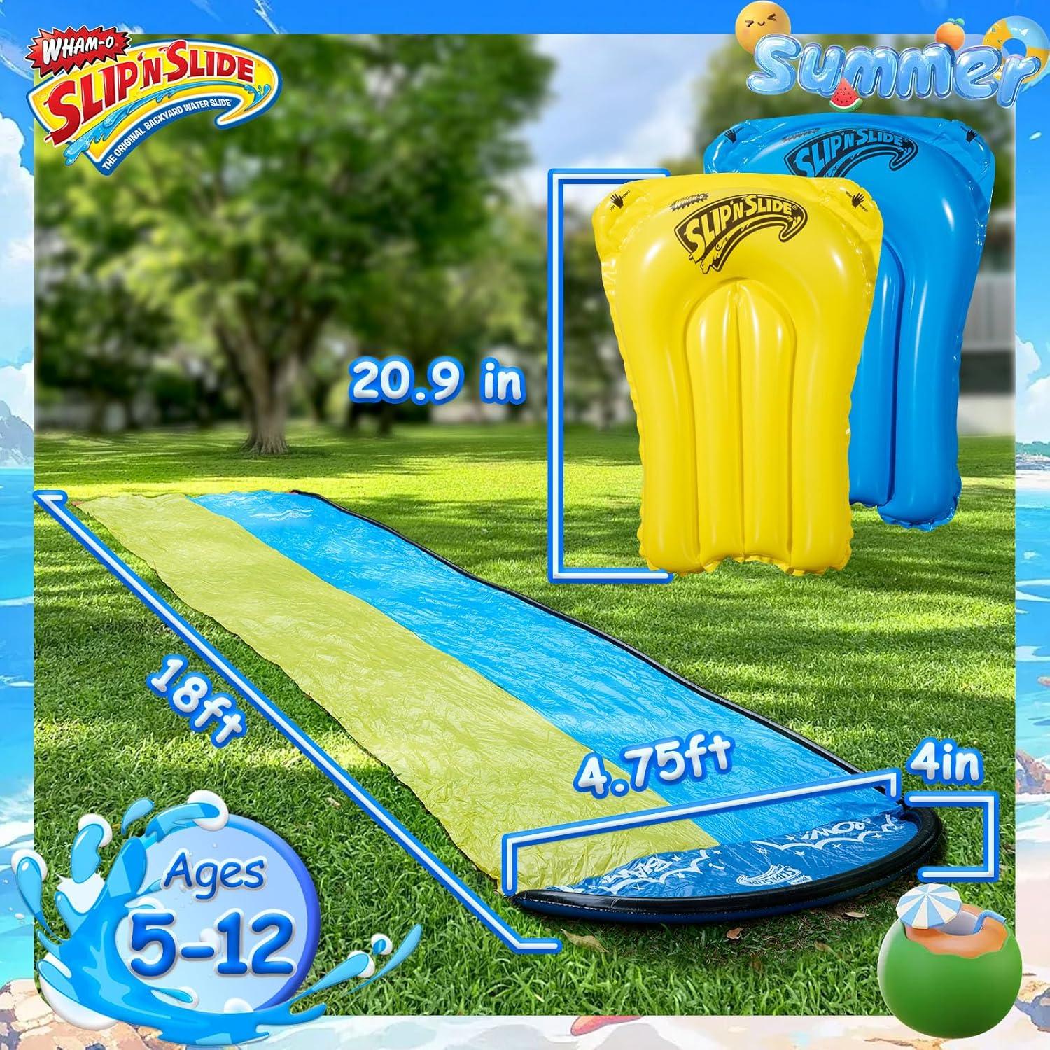 image:imageWhamO Slip N Slide 18ft Wave Rider with Body Boards Lawn Water Slides for Kids Great for Backyard Park Water Parties Summer Outdoor Activities18ftDouble Slides