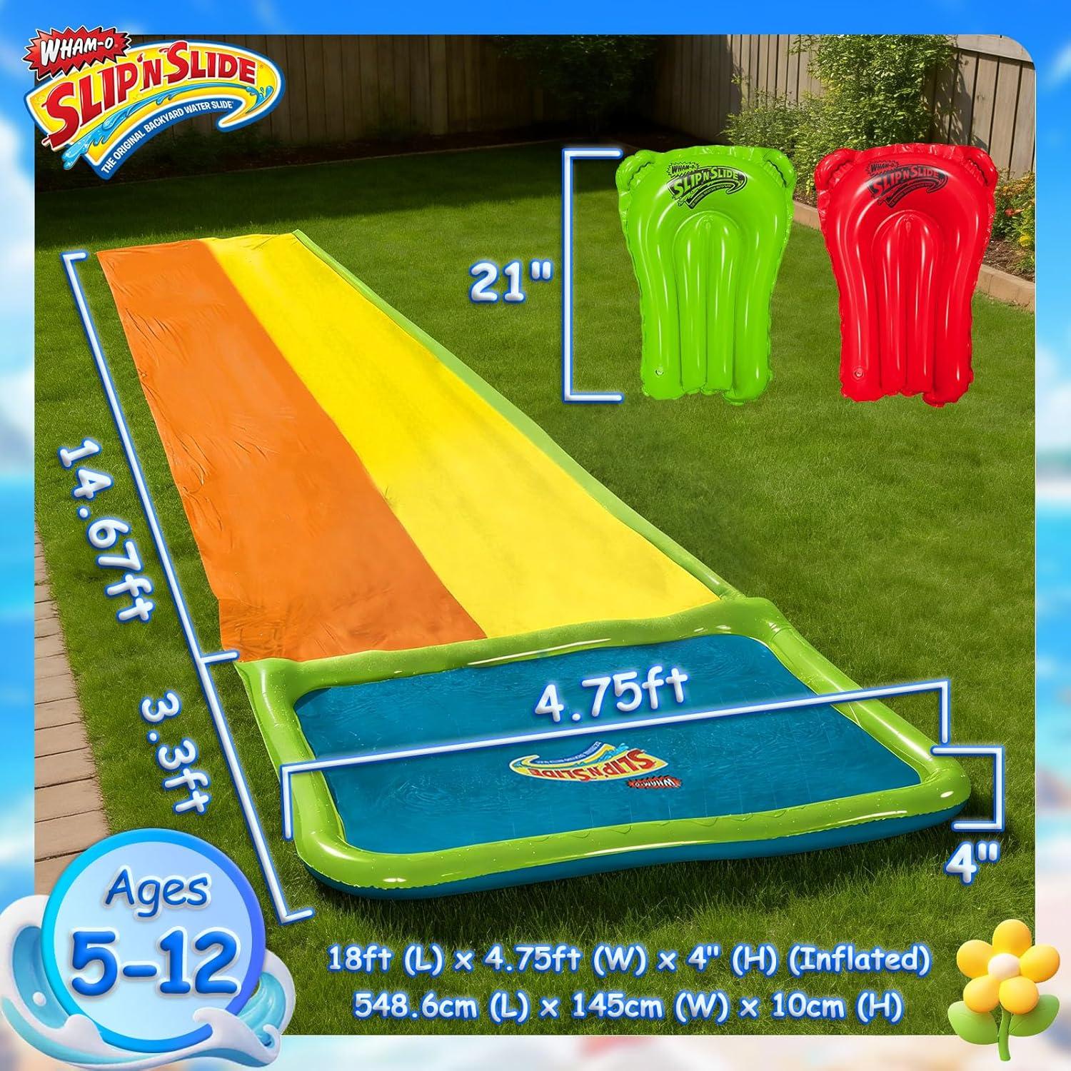 image:imageWhamO Slip N Slide 18ft Wave Rider with Body Boards Lawn Water Slides for Kids Great for Backyard Park Water Parties Summer Outdoor Activities18ftDouble Slides with Pool Area