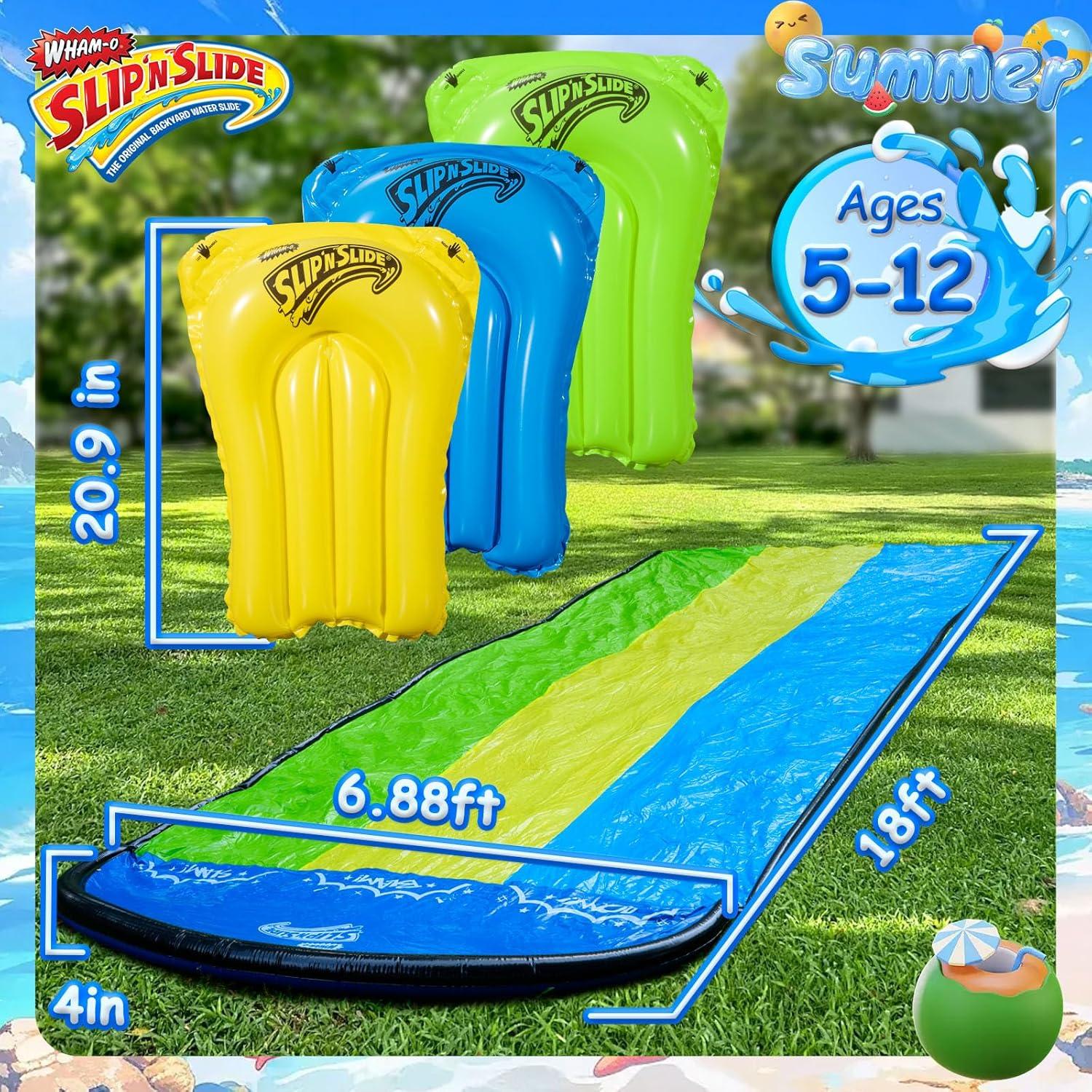 image:imageWhamO Slip N Slide 18ft Wave Rider with Body Boards Lawn Water Slides for Kids Great for Backyard Park Water Parties Summer Outdoor Activities18ftTriple Slides