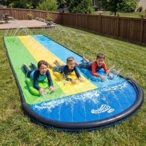Wham-O Slip N Slide 18ft Wave Rider with Body Boards, Lawn Water Slides for Kids, Great for Backyard Park Water Parties Summer Outdoor Activities(18ft(Triple Slides))